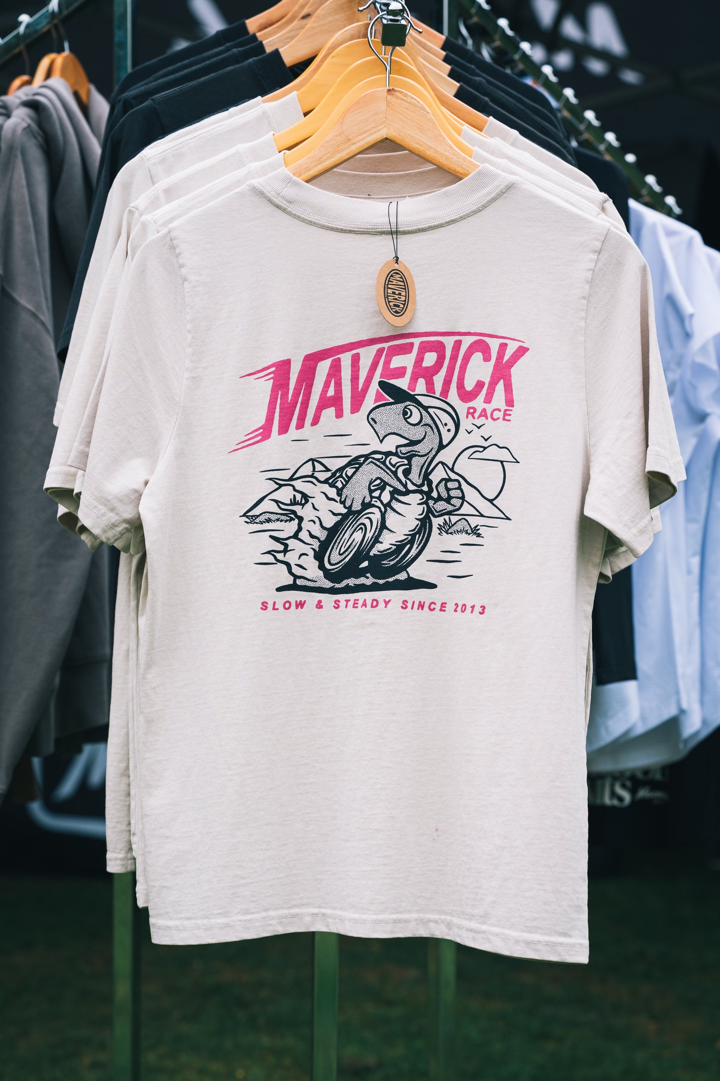 Maverick Steady Eddy Men's Tee - Bone with Pink design